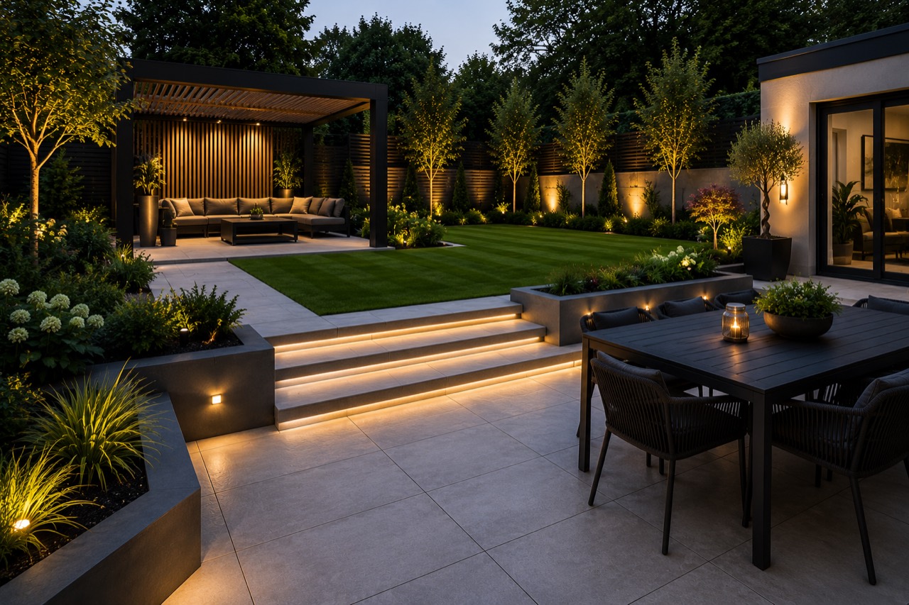 Garden design with greenhouse and layered planting