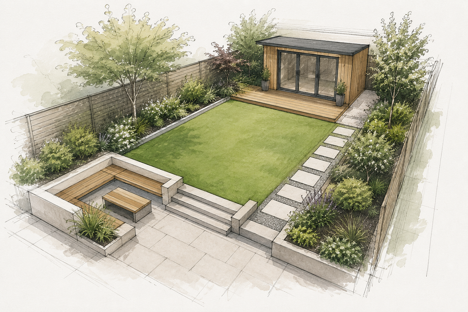 Bespoke garden design with greenhouse, paths and layered planting in Berkshire
