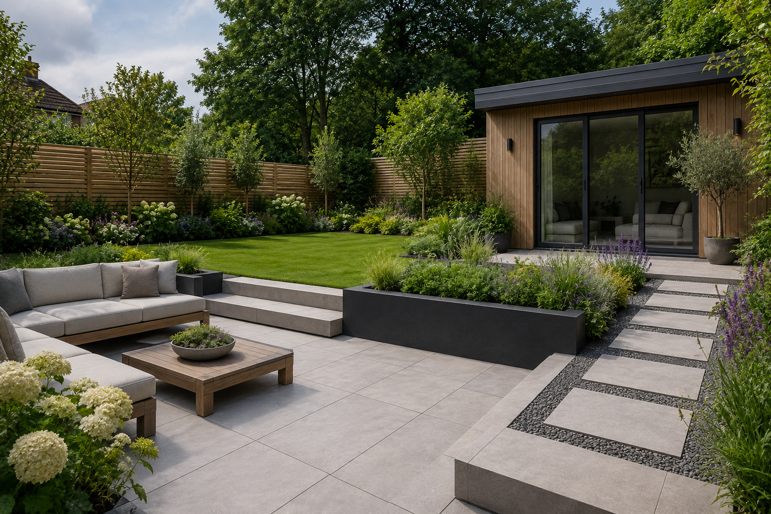 Garden room cladding, glazing and landscape materials